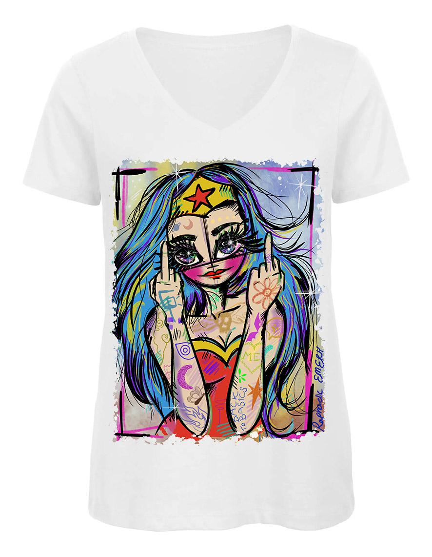 T-shirt femme Col V TW045 blanc Hysteria Ink X Raphaelle Emery WW FCK