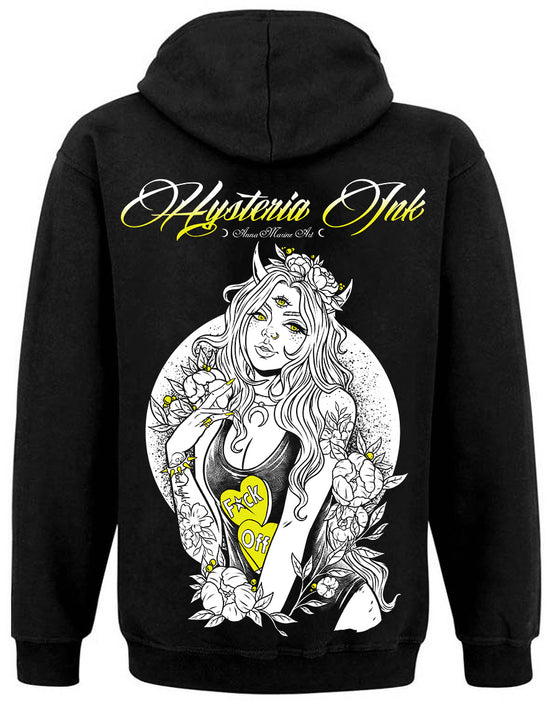 Sweat Zip unisexe Hysteria Ink X Anna Marine Art Black Fuck Off Yellow