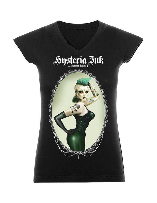 T-shirt femme Col V TW045 Hysteria Ink  X Screaming Demons Lara Ink