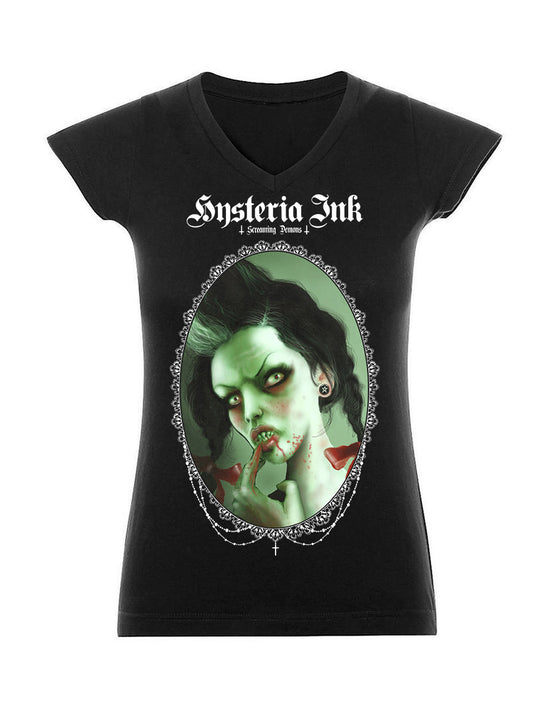 T-shirt femme Col V TW045 Hysteria Ink  X Screaming Demons Elsa Ink