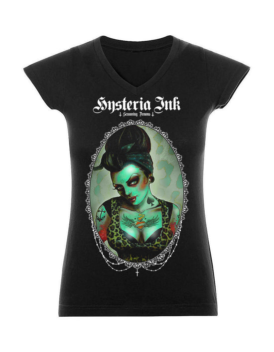 T-shirt femme Col V TW045 Hysteria Ink  X Screaming Demons Jennyfer Ink