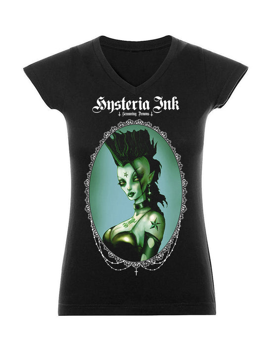 T-shirt femme Col V TW045 Hysteria Ink  X Screaming Demons Myriam Ink