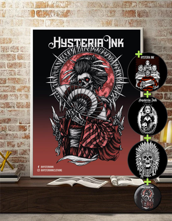 Pack poster + 3 stickers + 1 badge Hysteria Ink