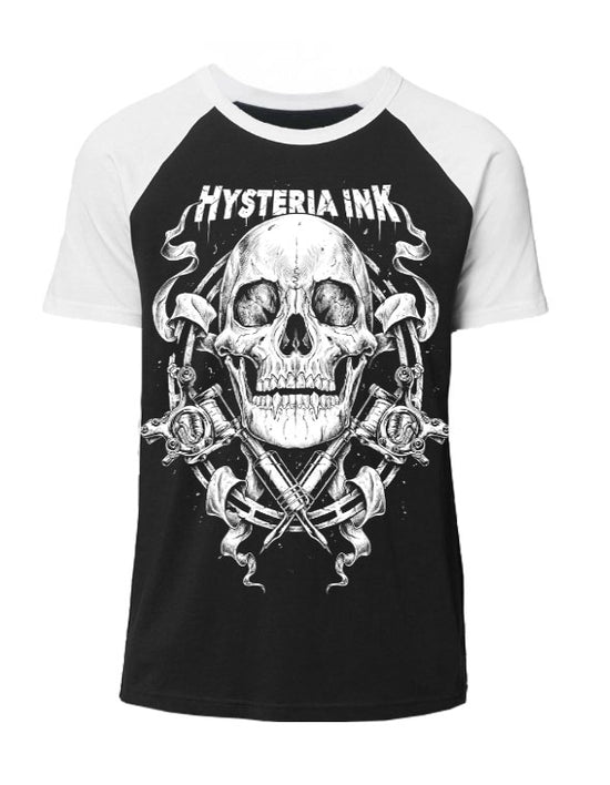 T-shirt baseball unisexe manches courtes Hysteria Ink Skull Tattoo Gun Ink