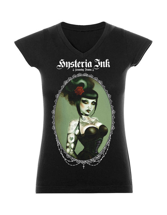 T-shirt femme Col V TW045 Hysteria Ink  X Screaming Demons Sonia Ink